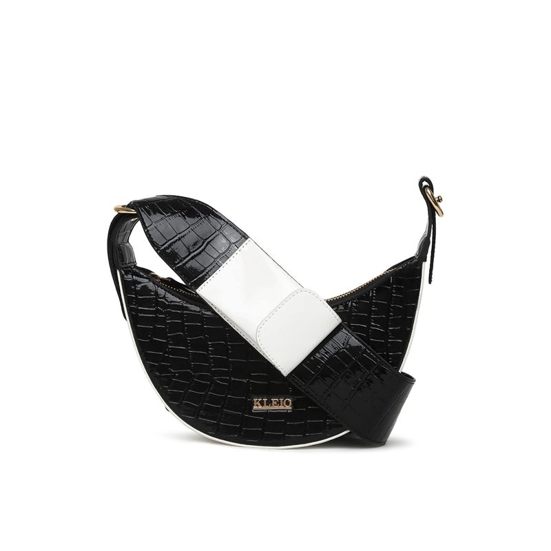 KLEIO Half Moon Croco Textured Sling Cross Body Bag with Pocket in Handle - Black - Image 1